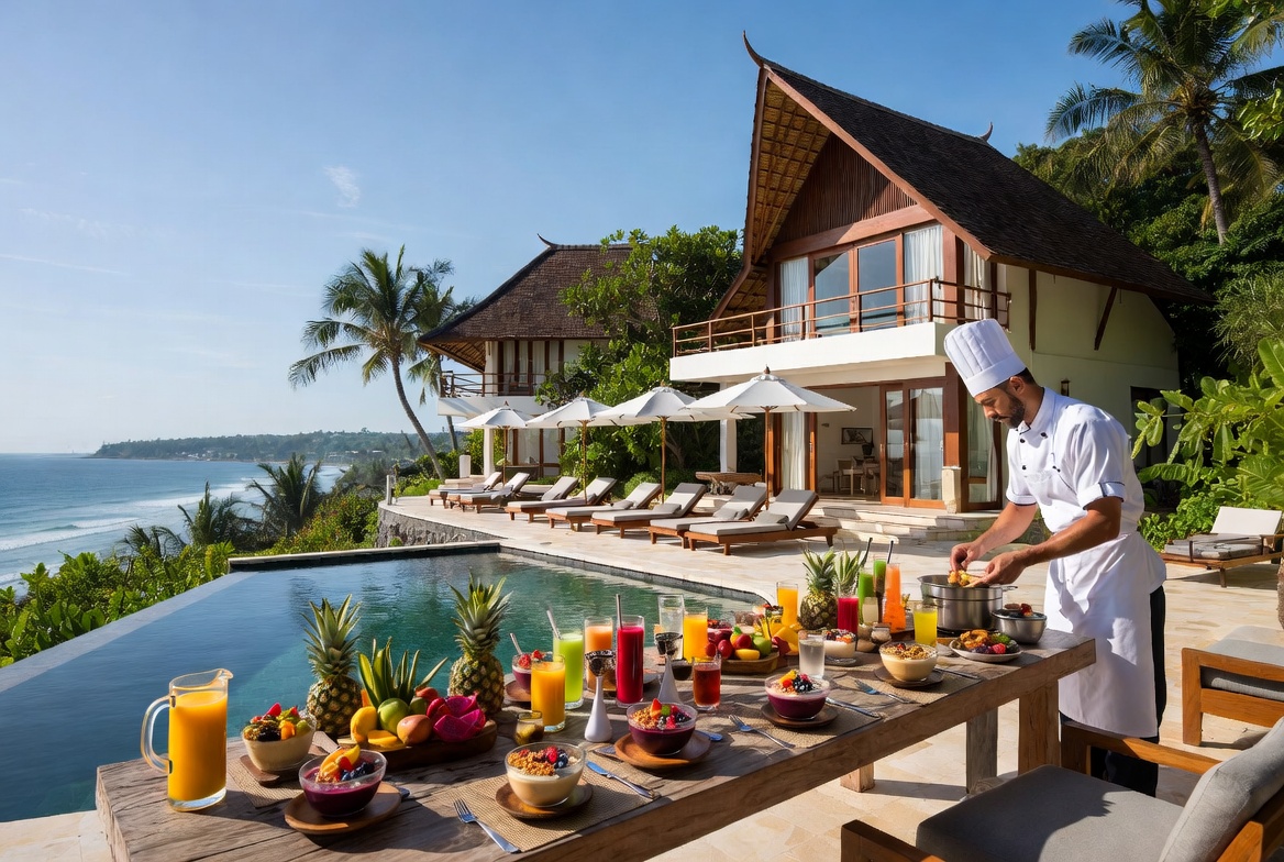Private chef preparing poolside brunch at a Canggu beach villa
