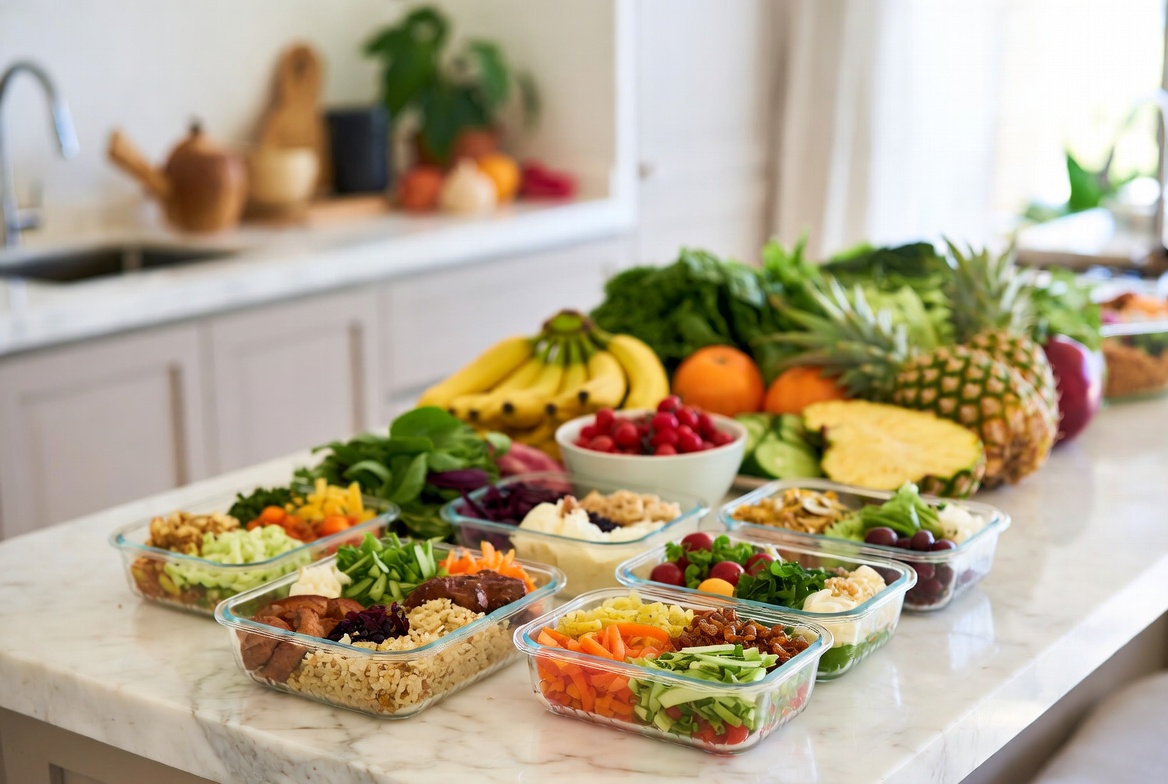 Colorful plant-based dishes and produce for vegan private chef Bali menus