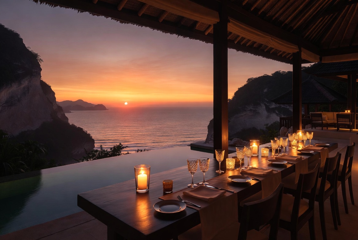 Private chef candlelit villa dining table overlooking Uluwatu cliffs at sunset