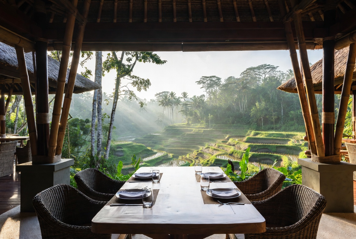 Private chef open-air dining pavilion overlooking Ubud rice terraces